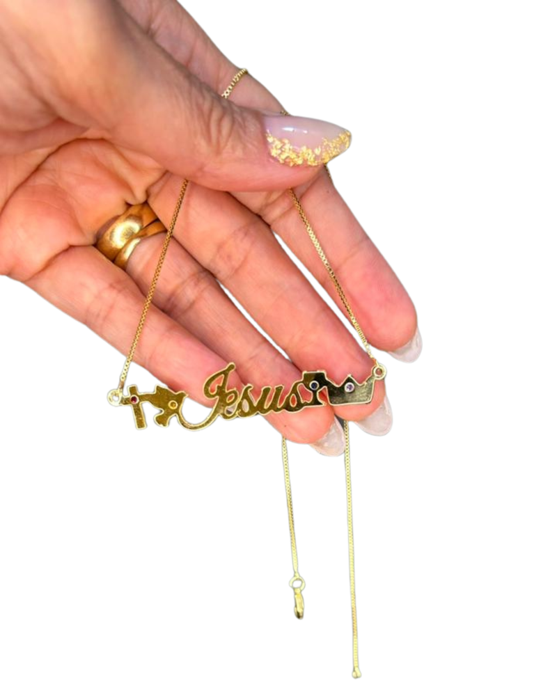 Colar JESUS – Salva, Batiza, Cura e Voltará (banho de ouro 18k e 4 pedras de zircônia) (Cópia)
